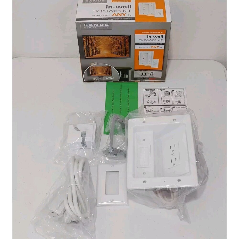 Sanus In Wall Cable Concealer Recessed Power Kit for Mounted TVs White